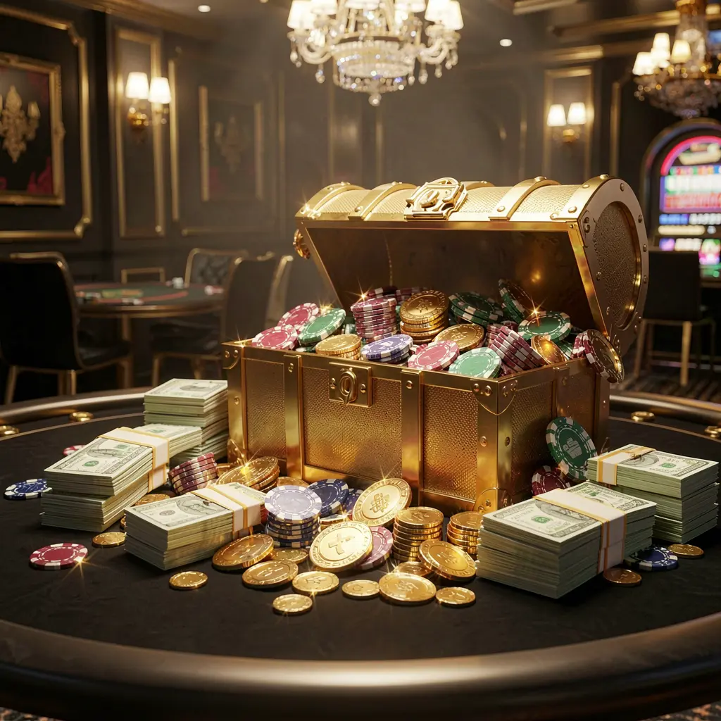 KKK9 casino rewards scene featuring a golden treasure chest overflowing with chips, cash bundles, and sparkling coins in an elegant black and gold style with dramatic lighting