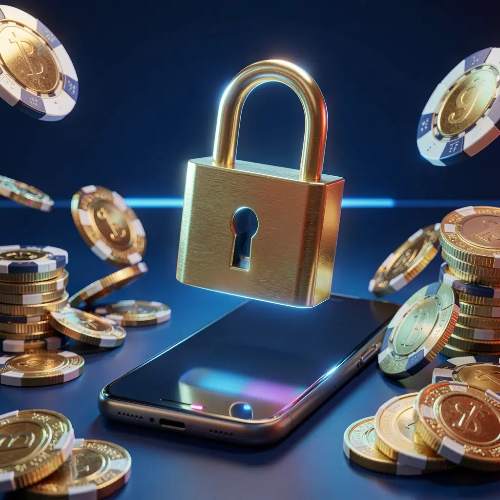 KKK9 casino login security image with a glowing padlock floating above a smartphone, surrounded by golden coins and chips on a dark blue neon background