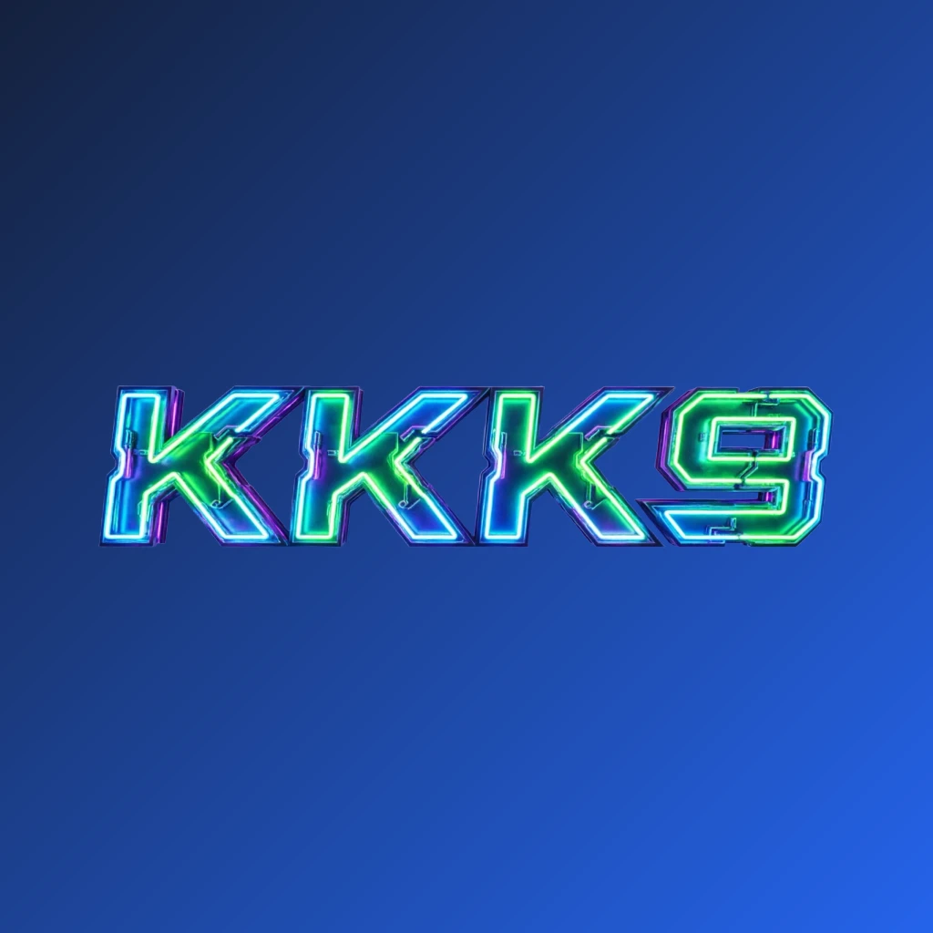 Futuristic neon KKK9 logo with thick angular typography and vivid green, blue, and purple glow featuring sharp tech-inspired details on a transparent background, designed as a wide horizontal rectangular wordmark for a website header