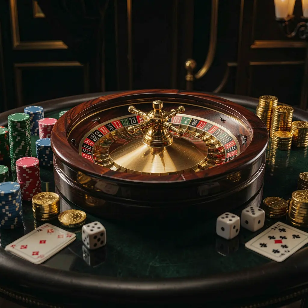 KKK9 premium casino homepage scene featuring a roulette wheel spinning on a glossy table surrounded by poker chips, dice, cards, and golden coins with an elegant dark background and cinematic lighting